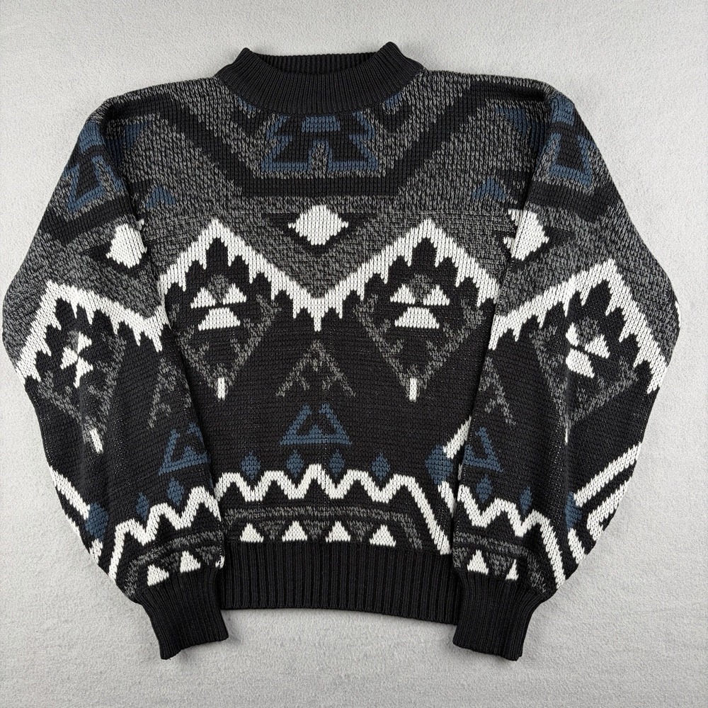 Vintage 80s 90s Barnaby Sweater Men's Small Geometric Black Gray Blue Knit